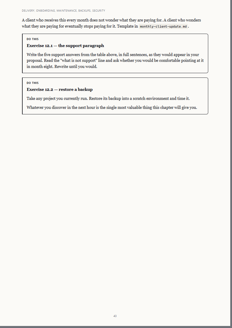 Chapter 12 — delivery, backups and support boundaries